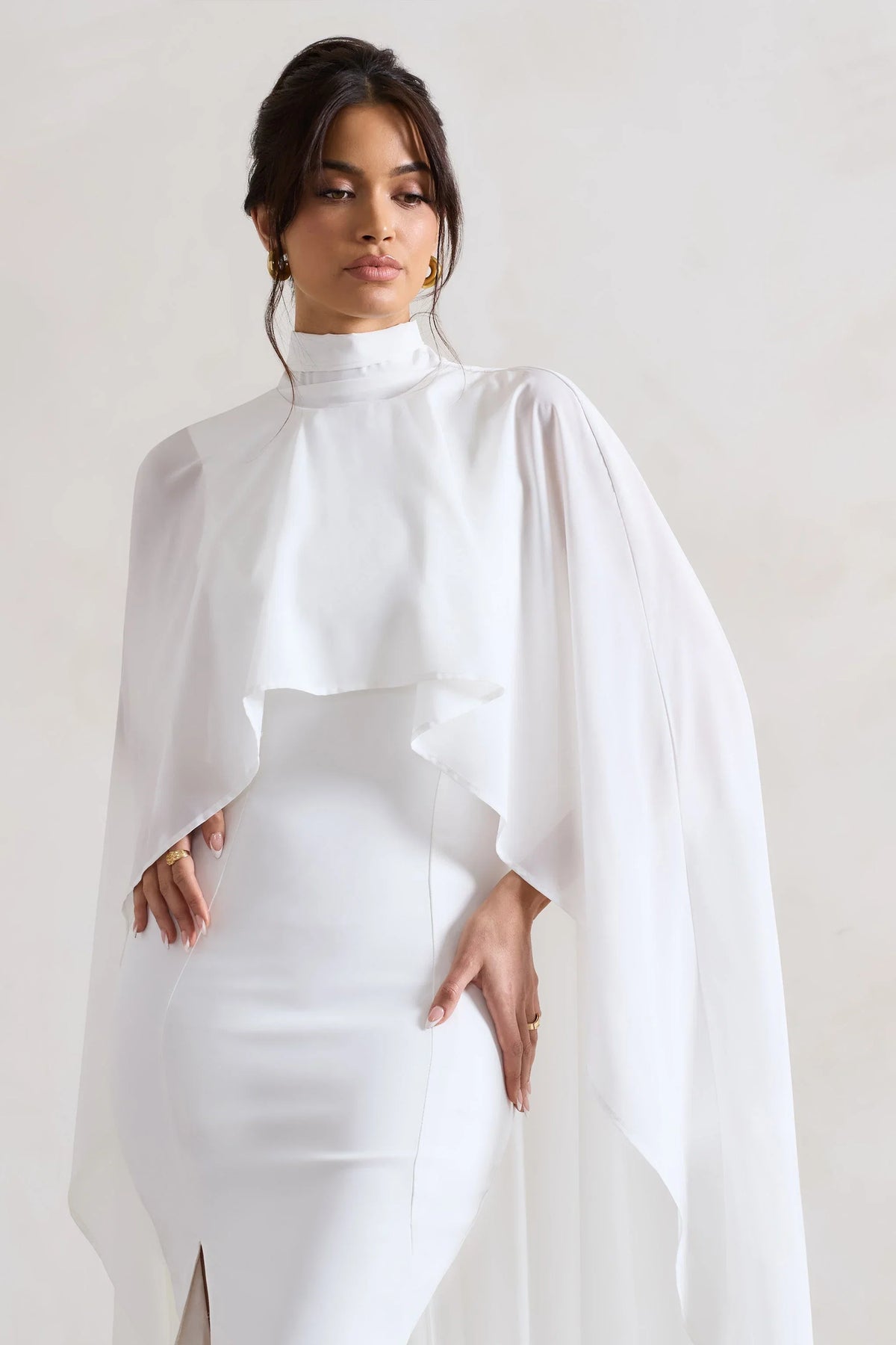 Saint Cream Fishtail Split Maxi Dress With Chiffon Cape