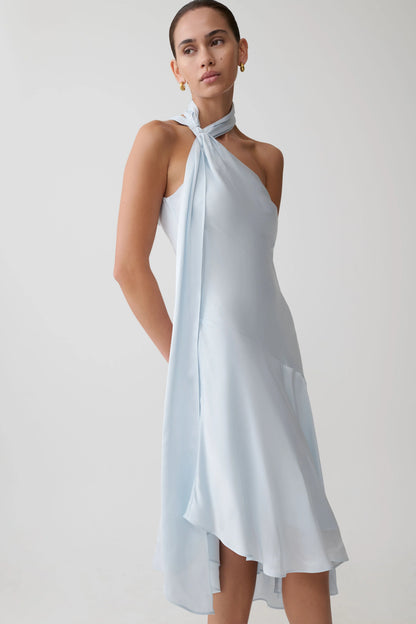 Evelina Halter Asymmetric Hem Midi Dress Ice Blue
