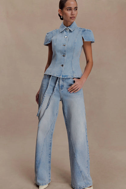 Perrie Mid Rise Straight Leg Tie Jeans Washed Light Blue