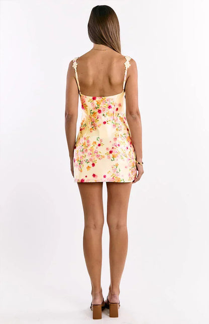 Marbelle Yellow Bloom Satin Mini Dress