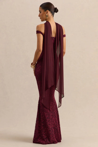 Iselle Burgundy Lace Bardot Neck Maxi Dress With Scarf Detail