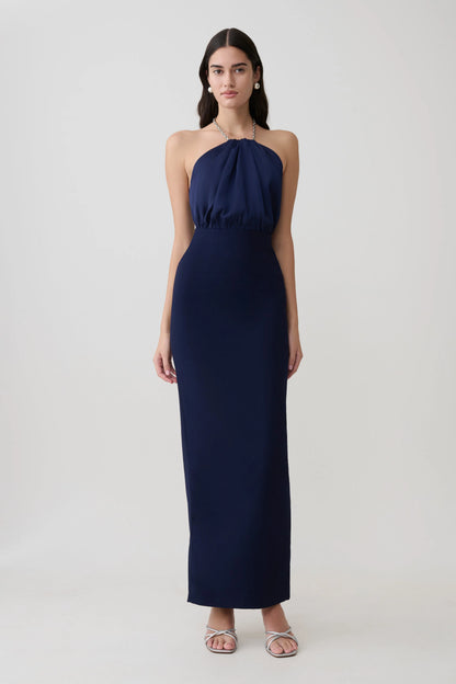 Elina Satin Necklace Maxi Dress Navy