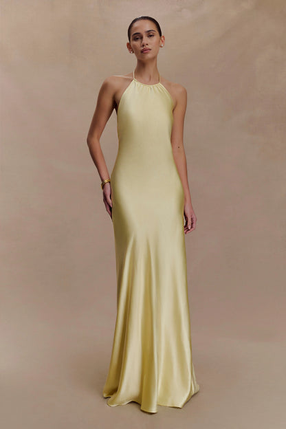 Bella Satin Halter Maxi Dress Lemon