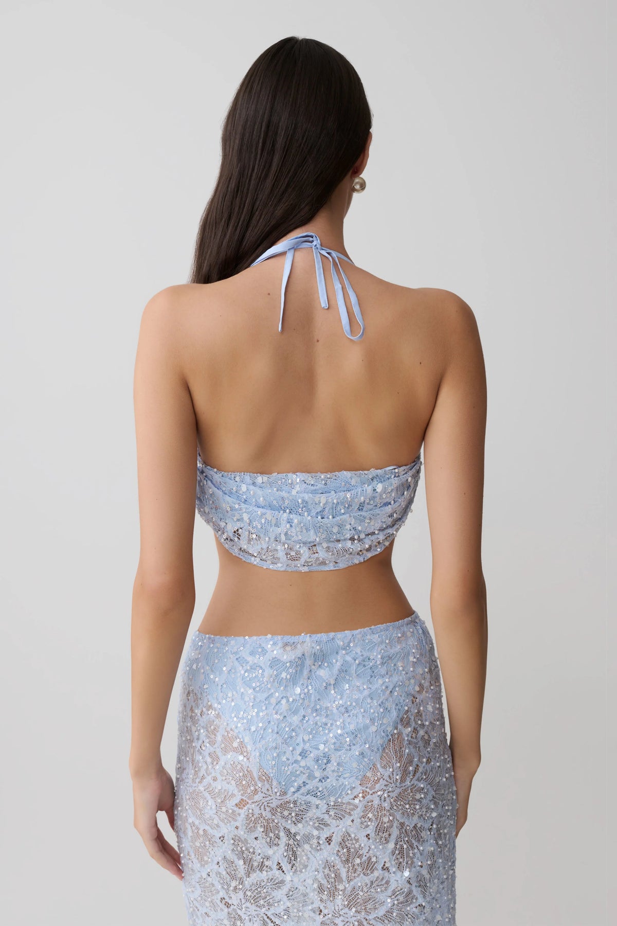 Kiara Pearl Beaded Cowl Crop Top Powder Blue