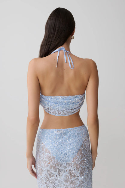 Kiara Pearl Beaded Cowl Crop Top Powder Blue