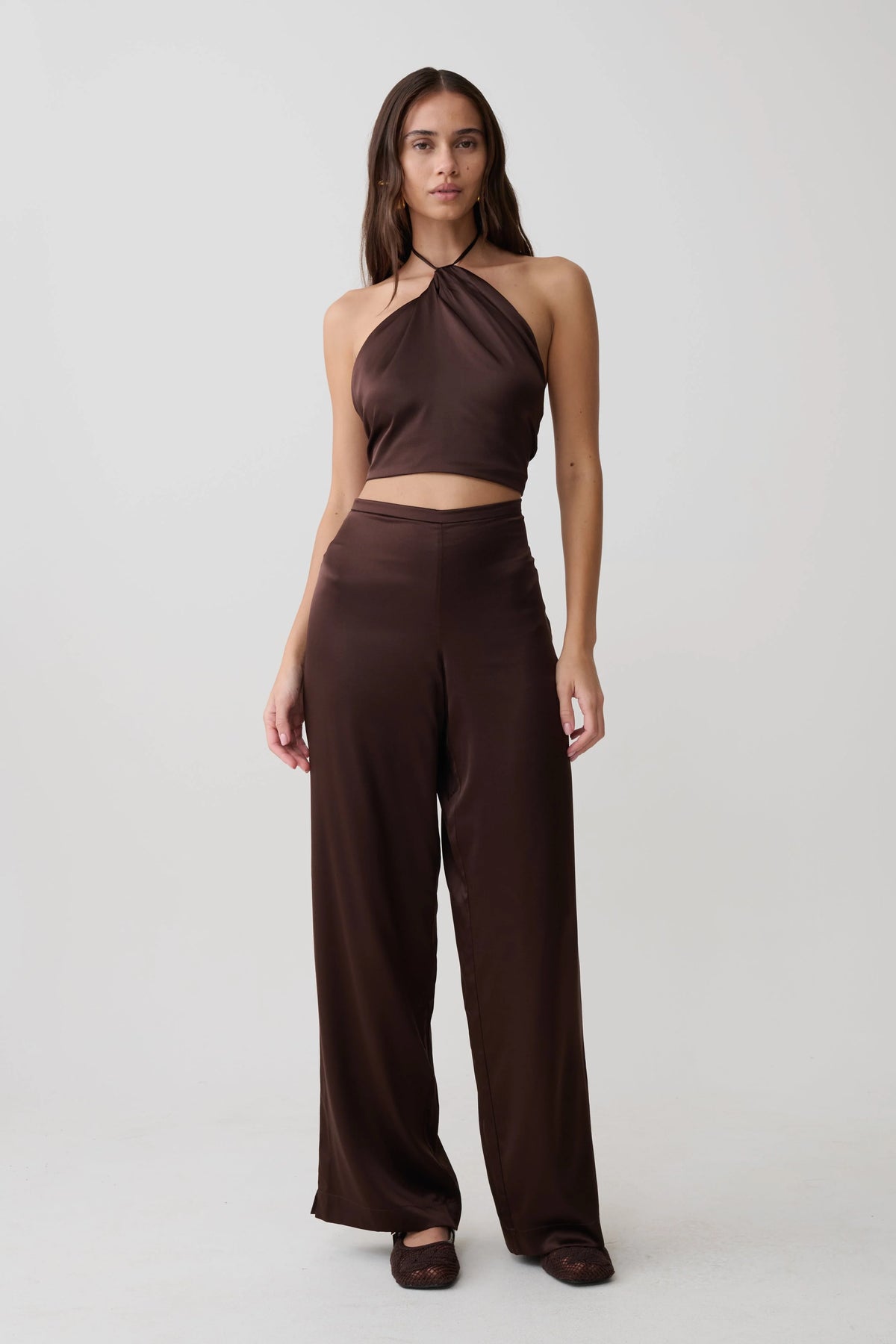 Kayla Silk Blend Straight Leg Pants Dark Chocolate
