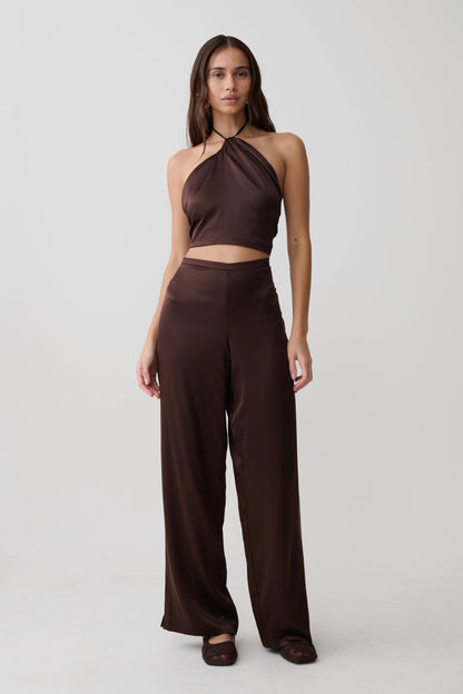 Kayla Silk Blend Straight Leg Pants Dark Chocolate