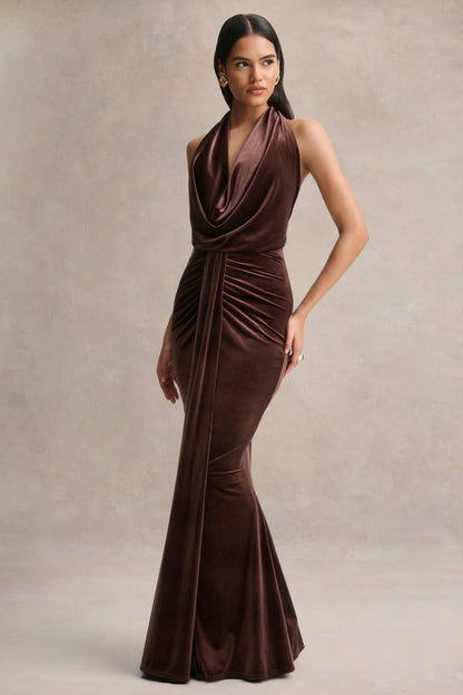 Lavernia Brown Velvet Halter Neck Maxi Dress With Gathered Detailing