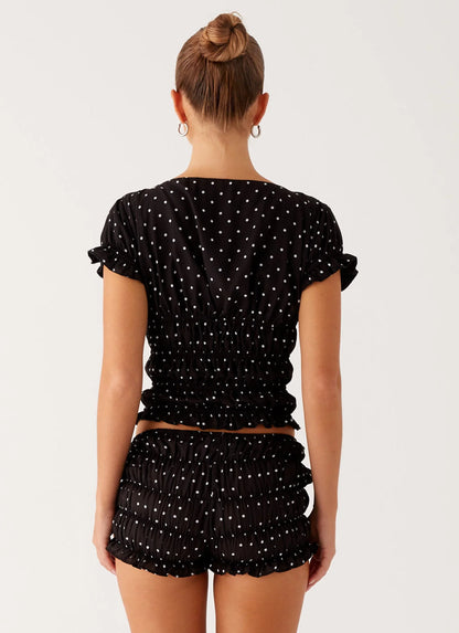 Natalia Ruched Top Black Polka Dot