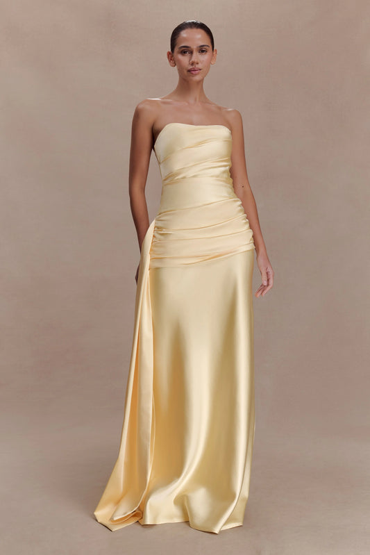 Sarah Strapless Maxi Dress With Waist Tie Lemon