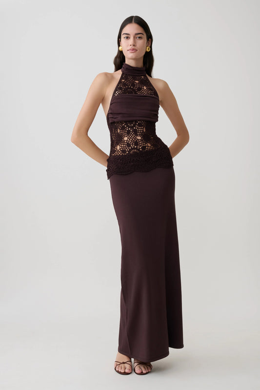Tessie Knit Crochet Maxi Dress Dark Chocolate