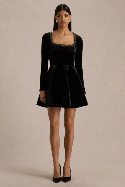 Beloved Black Velvet Embellished Square Neck Mini Dress