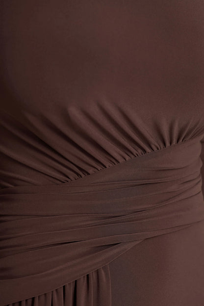 Virelle Brown Boat Neck Maxi Dress With Wrap Detail And Sash