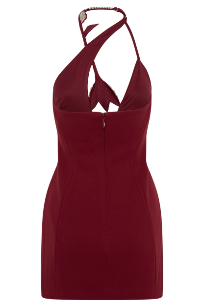 Nathalie Halter Neck Floral Mini Dress Merlot