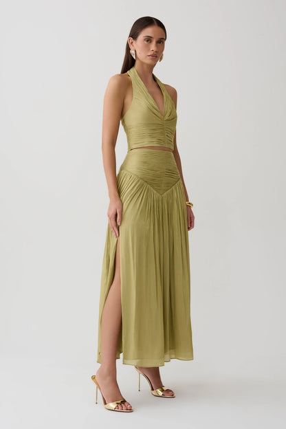 Makena Gathered V Neck Top Green