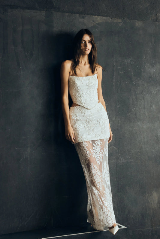 Camille Beaded Satin And Lace Maxi Skirt Ivory