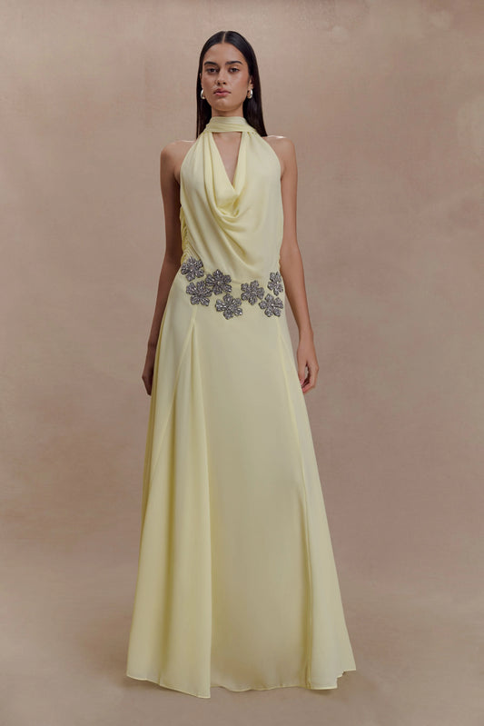 Santal Floral Chiffon Halter Maxi Dress Lemon