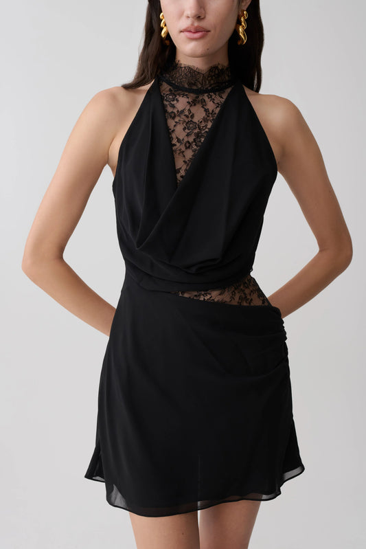 Arra Chiffon And Lace Halter Mini Dress Black