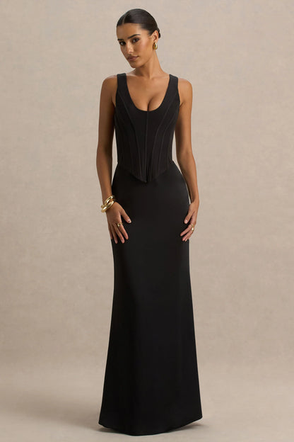 Morgan Black Satin Corset Maxi Dress