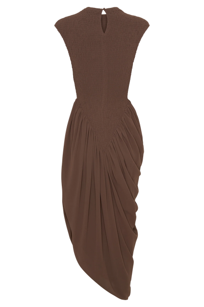 Nola Shirred Asymmetric Midi Dress Mocha
