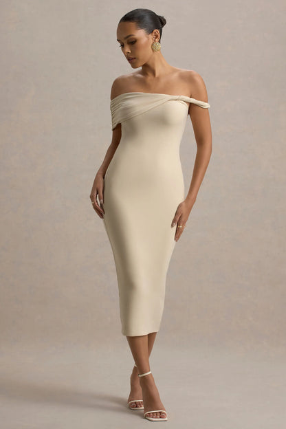 Skye Sand Twisted Bardot Midi Dress