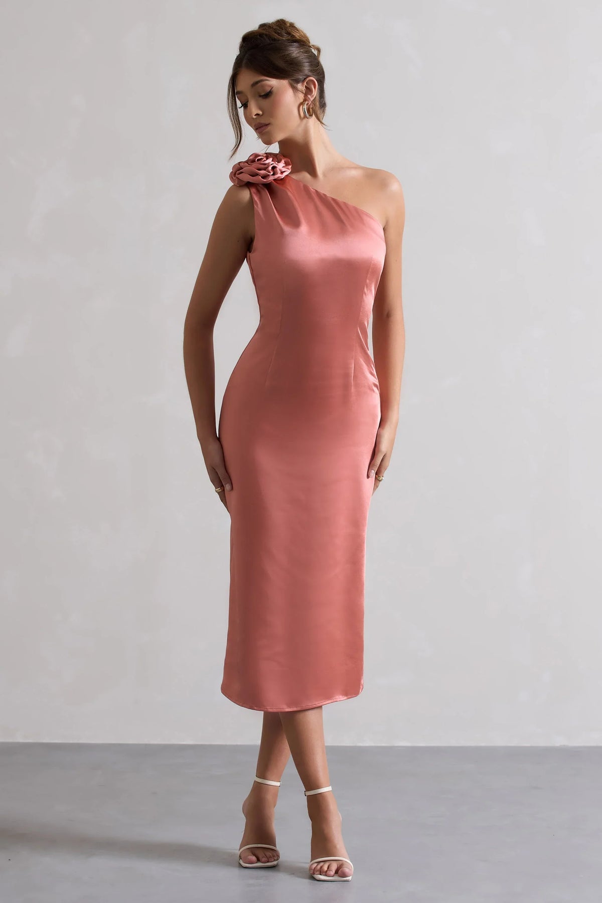 Ascot Coral Satin One Shoulder Midi Dress With Corsage