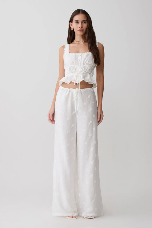 Vivian Tie Waist Embroidered Pant White