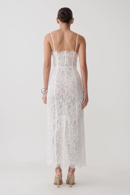 Ottilie Lace And Mesh Midi Dress White