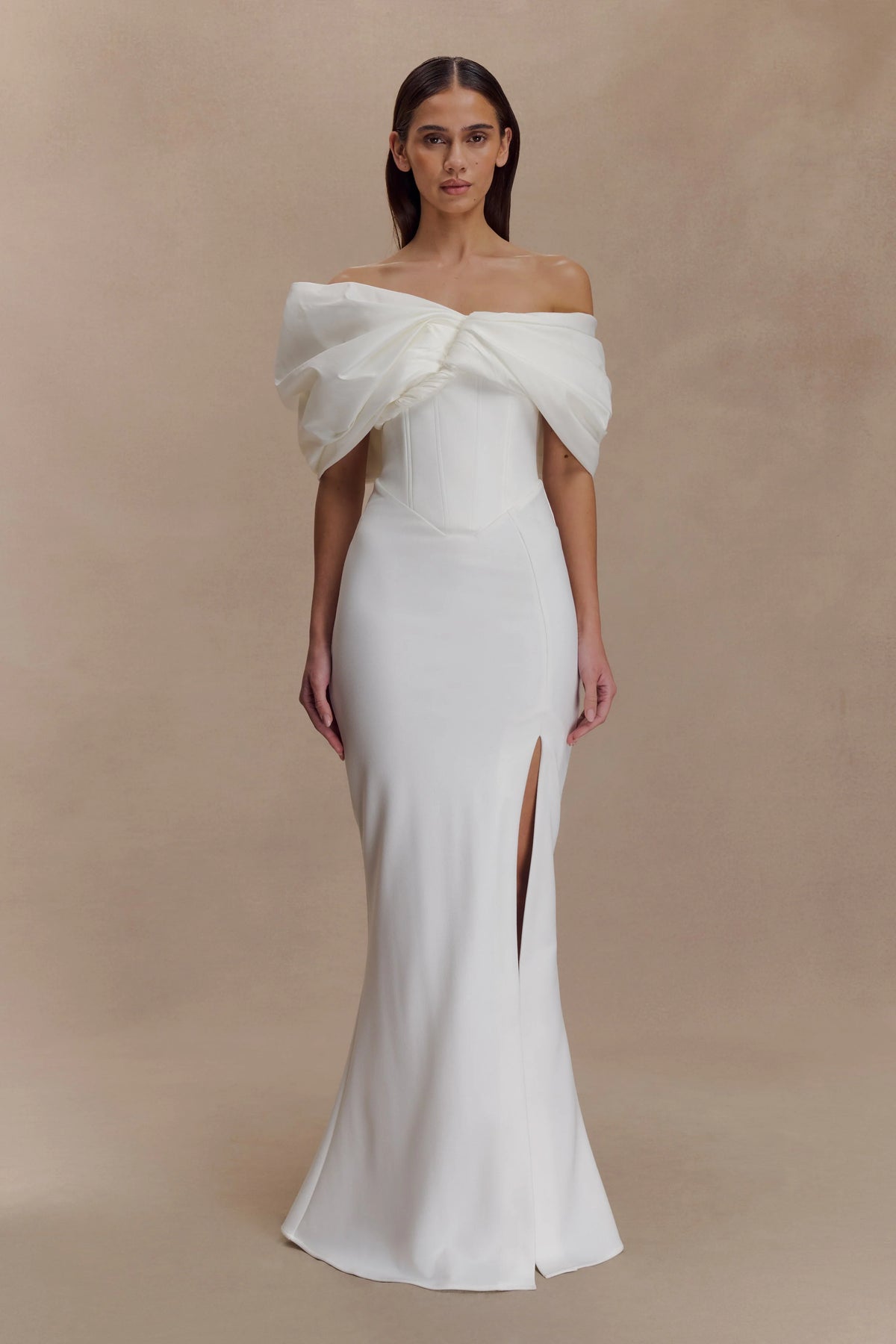 Aphrodite Off Shoulder Crepe Gown Ivory