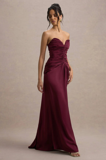 Desirie Plum Satin Sweetheart Gathered Maxi Dress