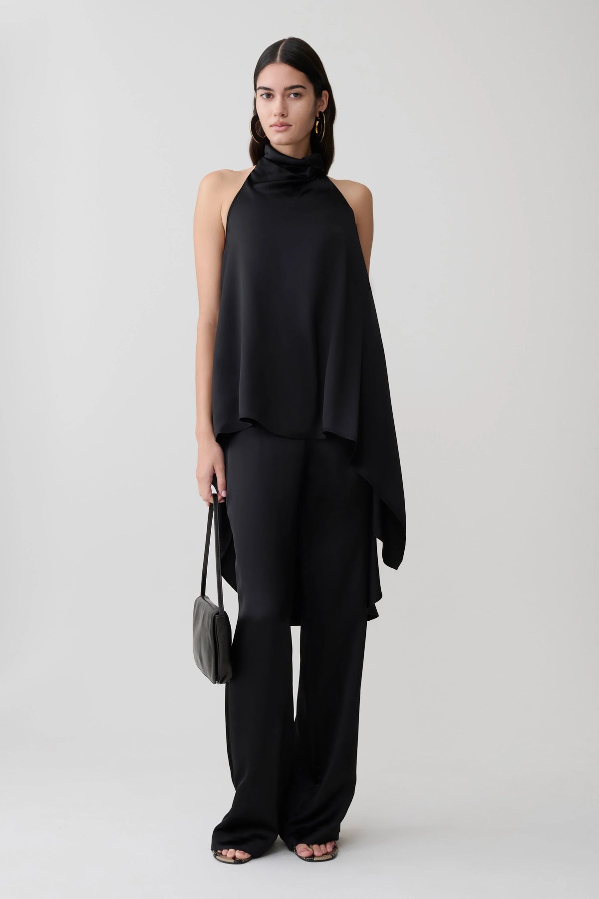 Sydney Asymmetrical Satin Halter Top Black