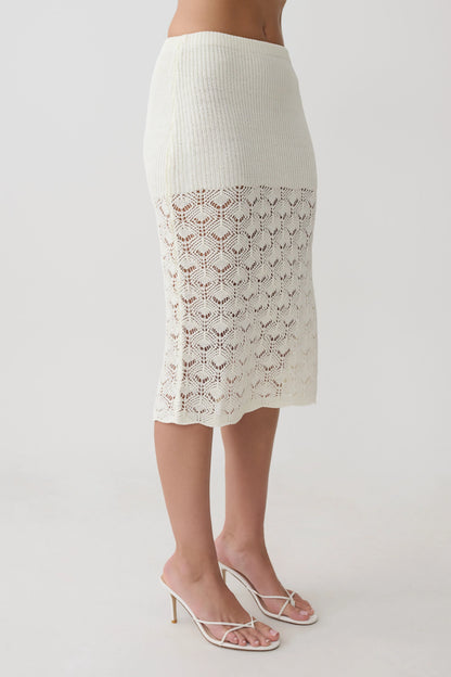 Atlantis Crochet Knit Midi Skirt White