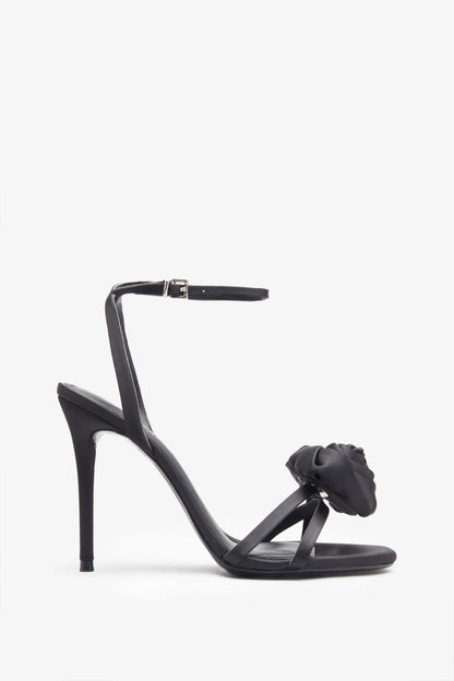 Sweet Step Black Satin Strappy Heeled Sandals With Flowers