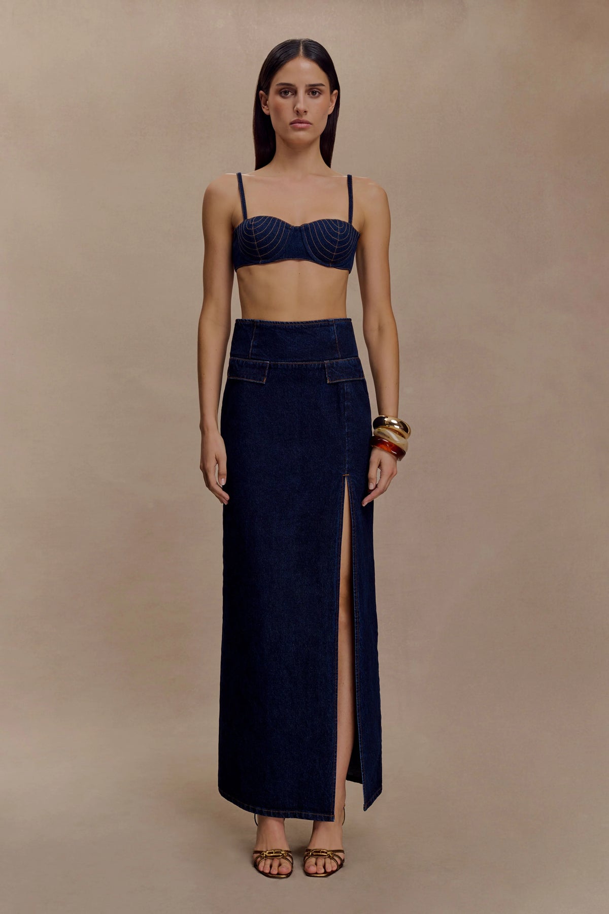 Maylena High Rise Denim Maxi Skirt Indigo Blue