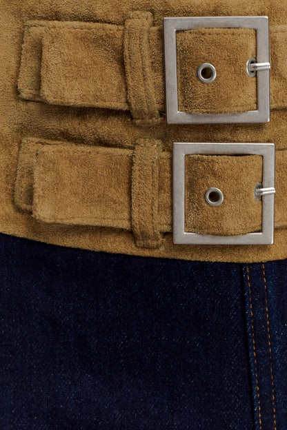 Miranda Faux Suede Belted Denim Wide Leg Jeans Indigo Blue