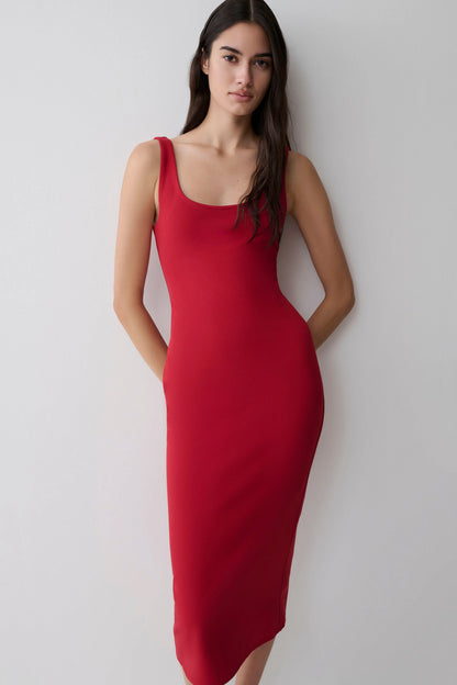 Allyra Scoop Stretch Crepe Midi Dress Red