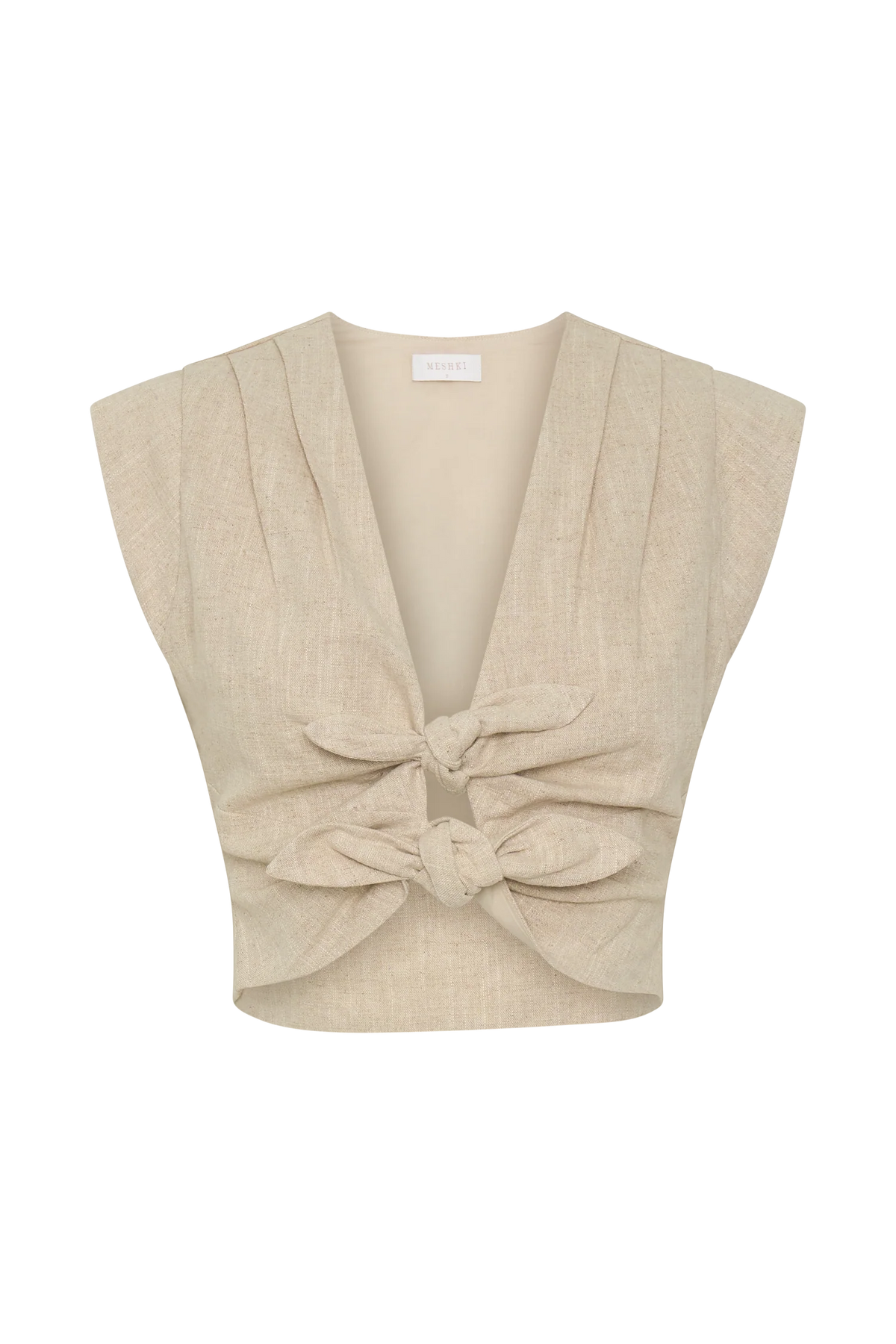 Anahita Linen Front Bows Short Sleeve Top Natural