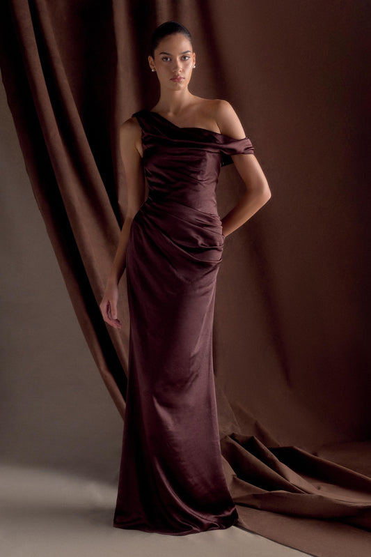 Dalia Off Shoulder Satin Maxi Dress Dark Chocolate