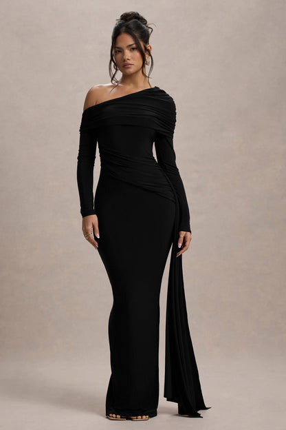 Valina Black Ruched Asymmetric Maxi Dress With Drape