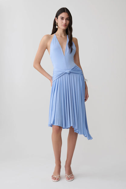 Zelda Asymmetric Slinky Midi Dress Cornflower Blue