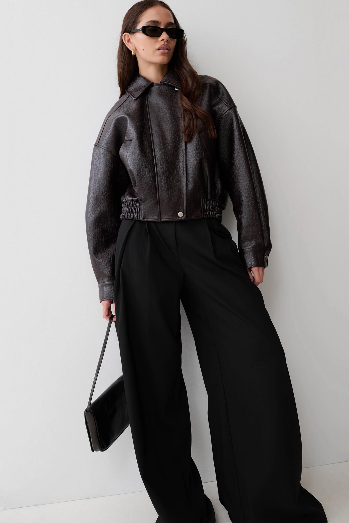 Paige Faux Leather Cropped Jacket Cherry Brown