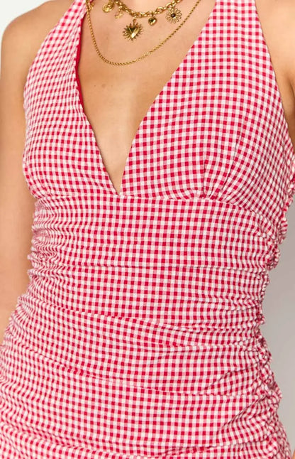 Alan Red Gingham Halter Mini Dress