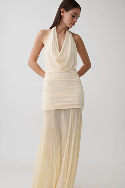 Jorja Draped Halter Slinky Maxi Dress Ivory