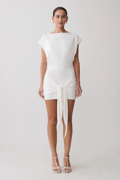 Maiara Shortsleeve Slinky Tie Mini Dress White