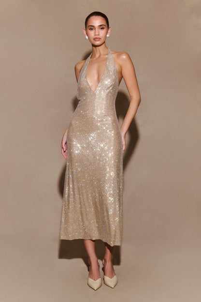 Genie Diamante Halter Midi Dress Nude
