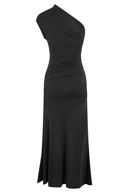 Chloe Peached Jersey One Shoulder Midi Dress Black