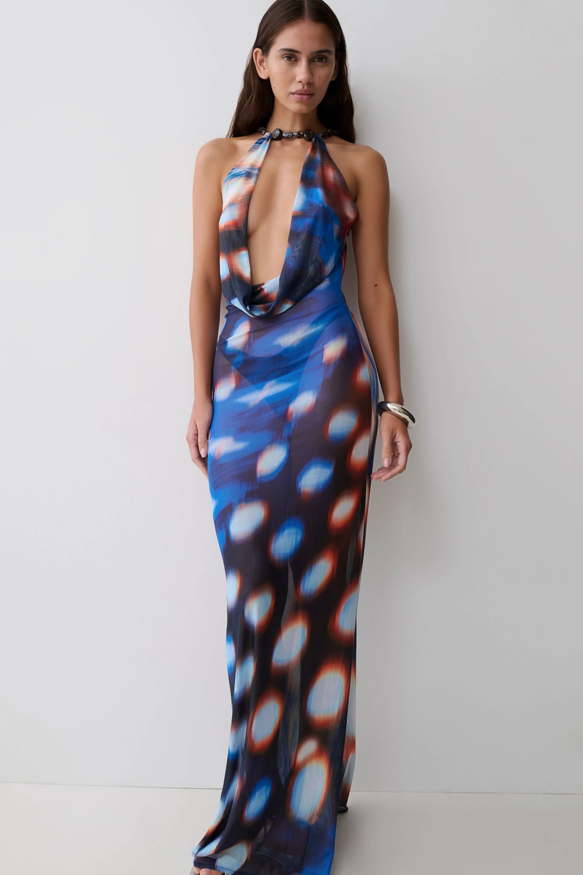 Ethel Mesh Cowl Plunge Maxi Blue Abstract Print
