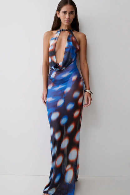 Ethel Mesh Cowl Plunge Maxi Blue Abstract Print