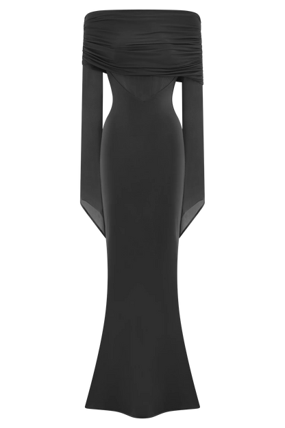 Kaitlin One Shoulder Slinky And Mesh Maxi Dress Black