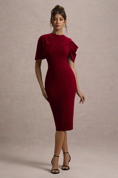 Dorothea Berry Draped Midi Dress With Cape